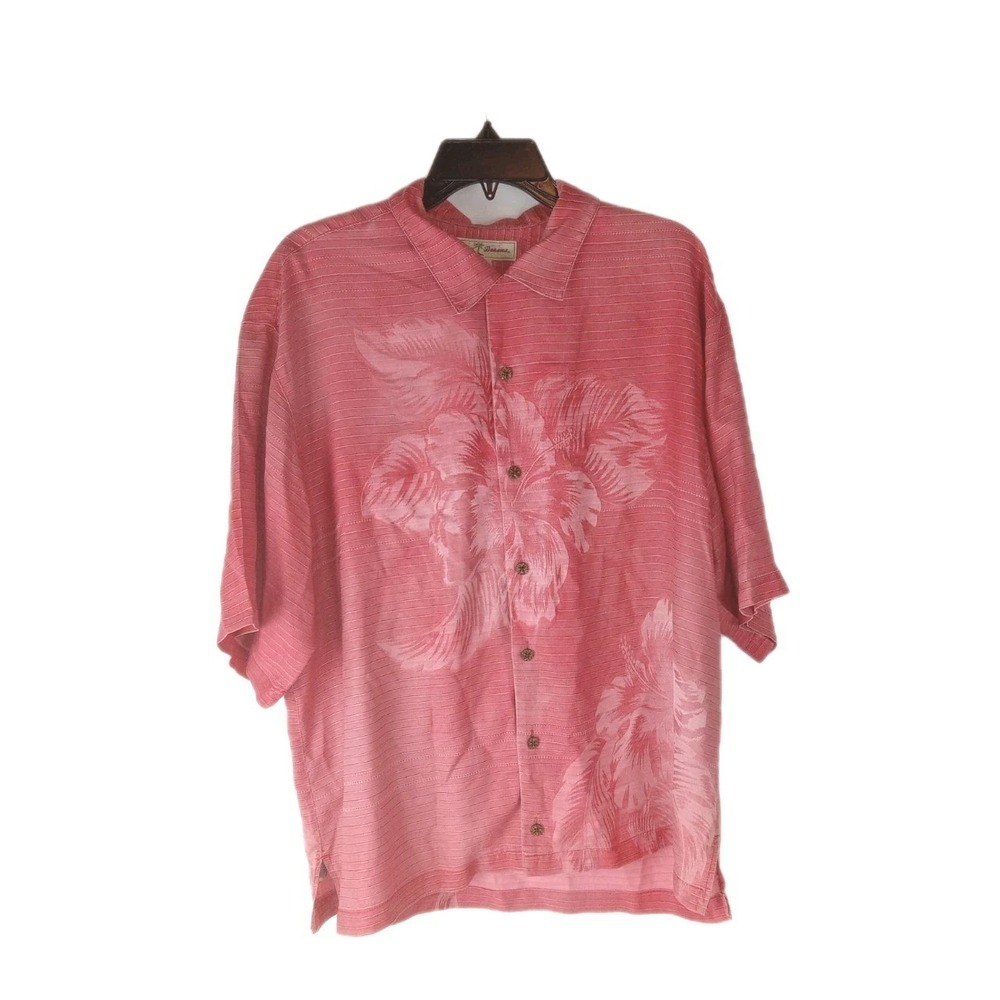 Tommy Bahama Silk Shirt L Pink Palm Hawaiian Camp Button Up Mens Aloha Resort